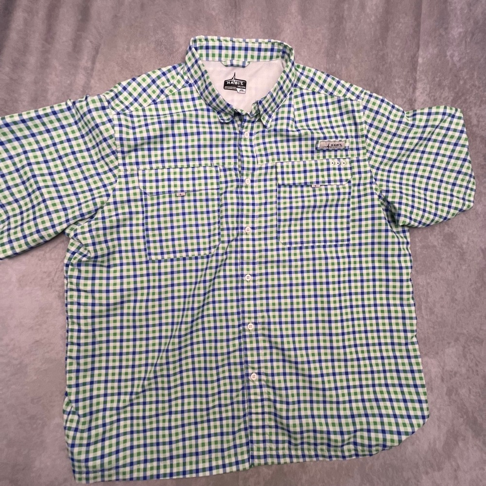 Habit Fishing Shirt Mens 2XL Green Blue Excellent Vented UPF 40 Gingham Plaid